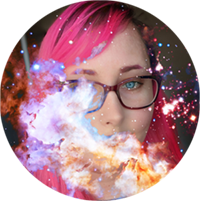 A round portrait of Nyx, a light-skinned, pink-haired person wearing dark pink glasses, with a nebula super-imposed over their face.